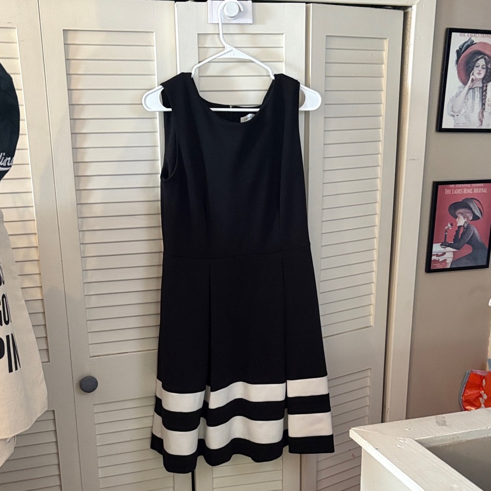 Calvin Klein Black and White Striped Hem Midi Dress